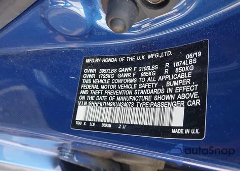 2019 Honda Civic Sport из США, поврежденный, VIN SHHFK7H49KU424073